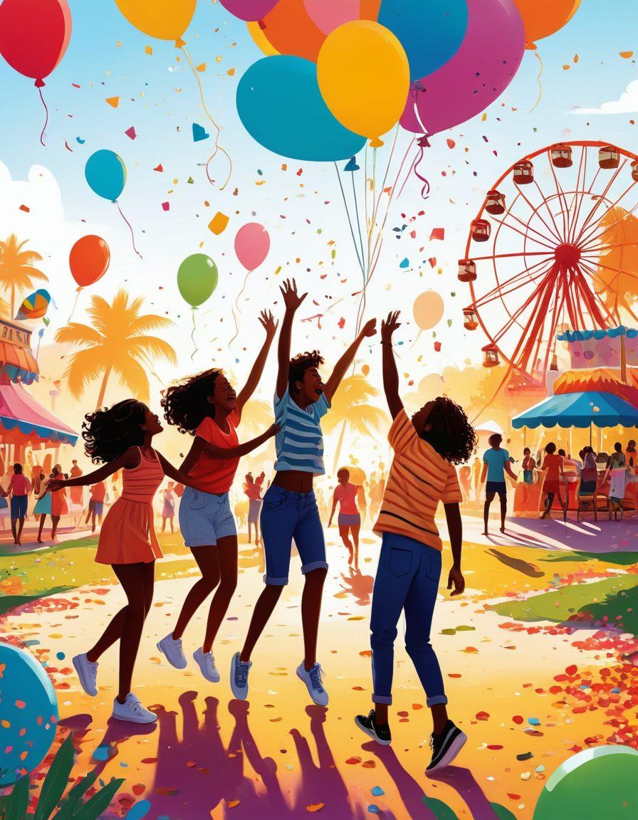 A collage of vibrant, youthful video clips depicting joyful moments: friends laughing, kids playing in a park, a colorful carnival scene, and a sunset beach party. Add playful elements like confetti and balloons to enhance the cheerful theme. Bright colors and dynamic motion should radiate positivity. vector art. vibrant colors. white background.