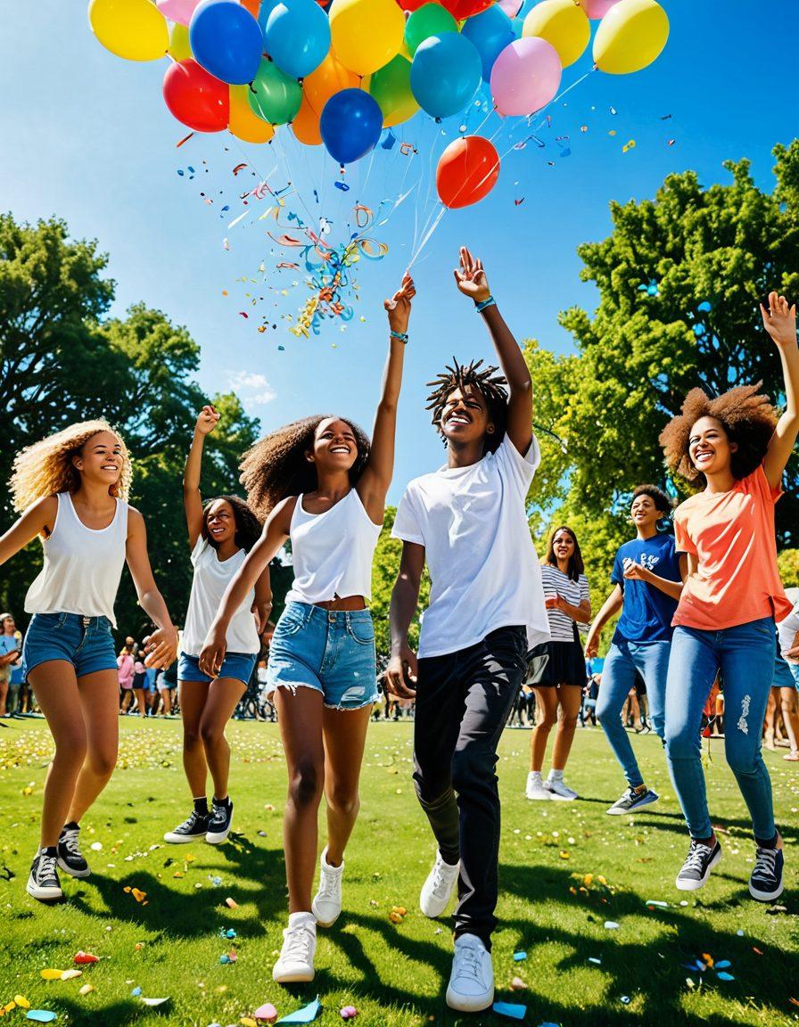 A vibrant scene of diverse teenagers laughing and enjoying life in a sunny park, surrounded by colorful balloons and confetti. Some are engaged in fun activities like skateboarding, painting, and dancing. The background features a bright blue sky and cheerful scenery, symbolizing joy and freedom. The overall mood reflects a celebration of youth and positivity. super-realistic. vibrant colors. 3D.