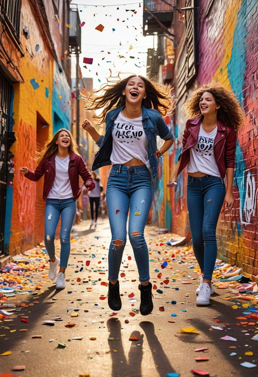 A dynamic collage showcasing lively teenagers experiencing joy through various activities like dancing, laughing, and hanging out in colorful urban settings. Include elements like vibrant graffiti walls, playful confetti, and musical notes floating around. The atmosphere should radiate energy and excitement, ideal for a youthful audience. super-realistic. vibrant colors. 3D.